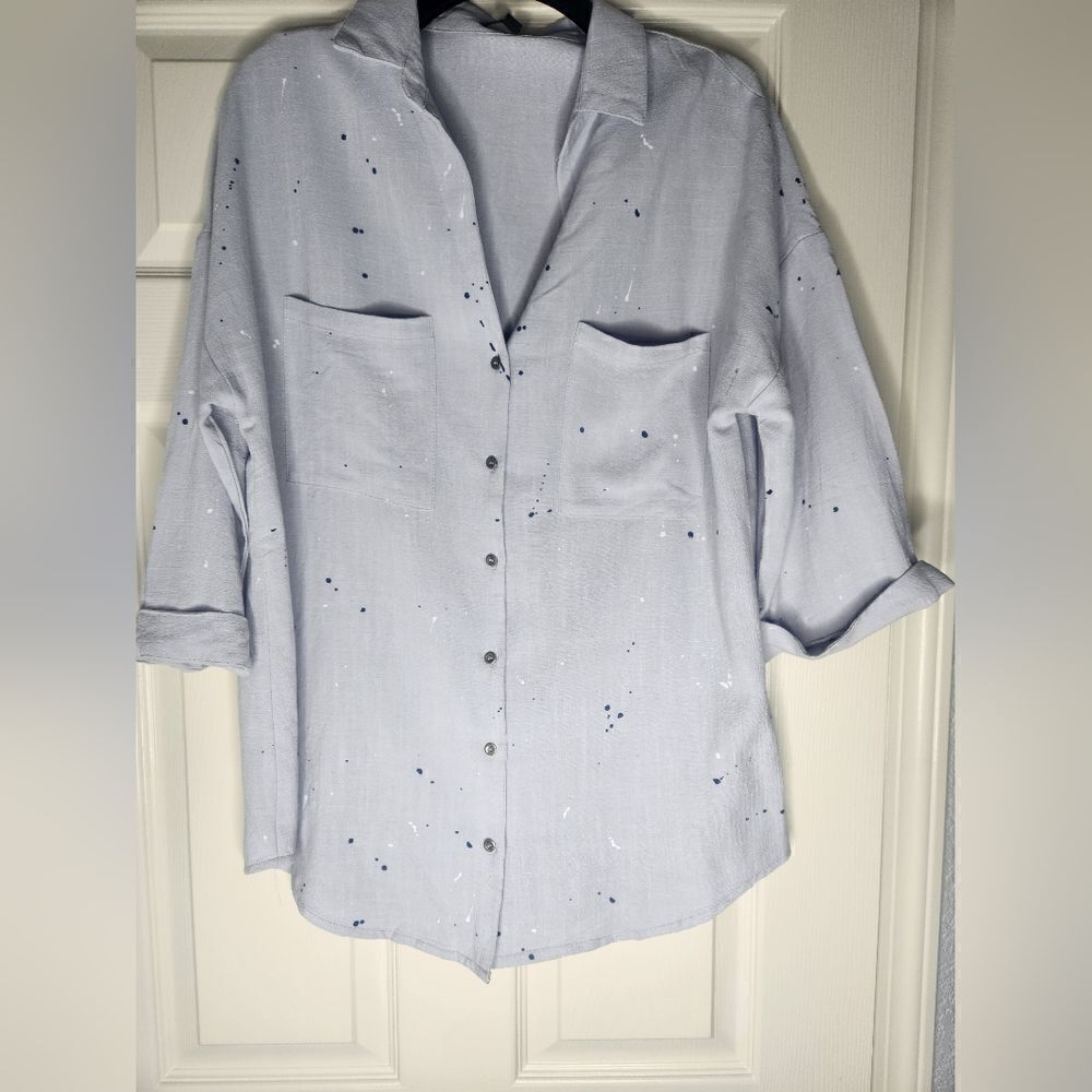 Very J L LINEN Blend Grey 3/4 Cuffed SleevePockets Buttons Up Women’s Top Shirt